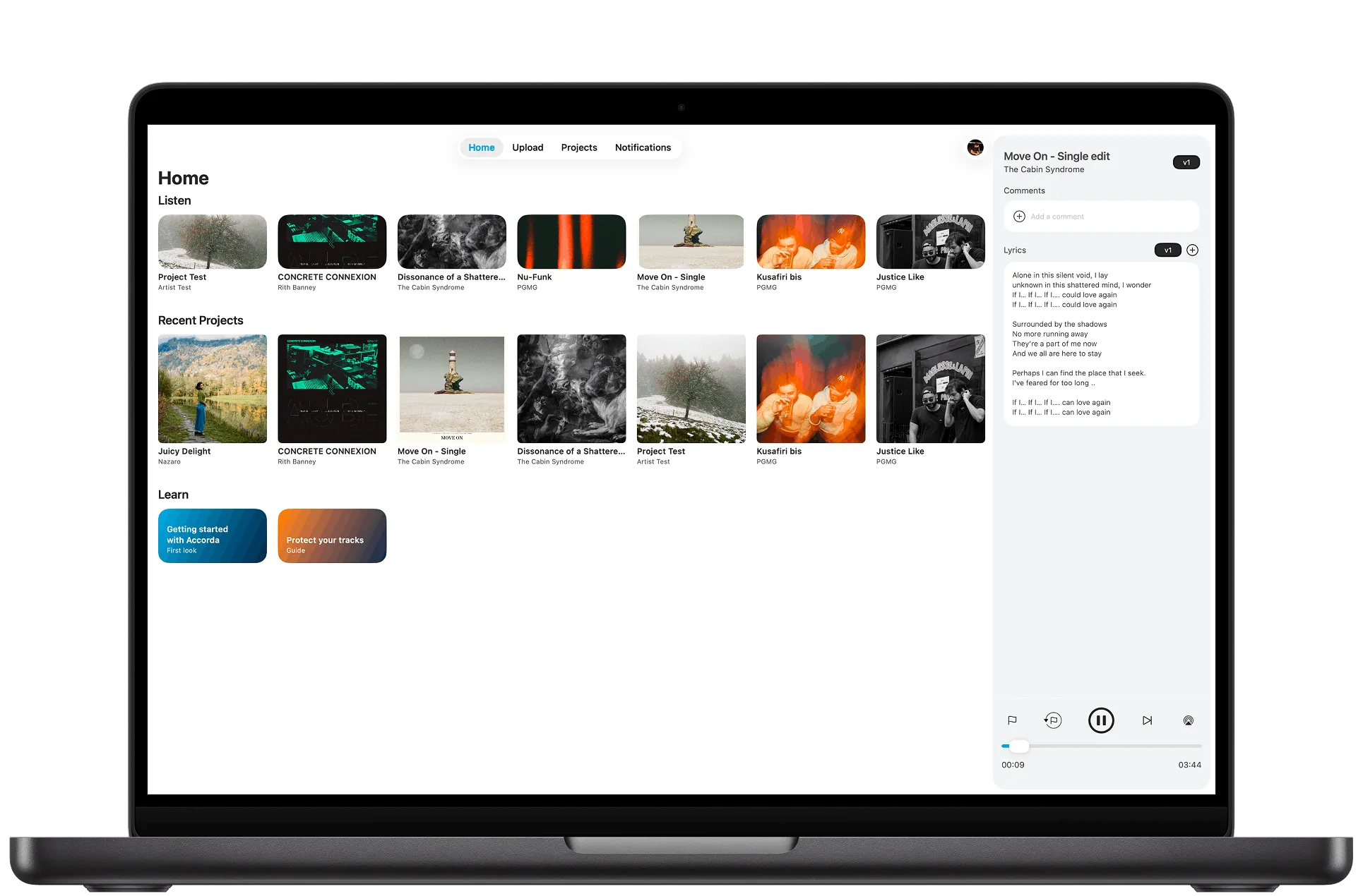 Accorda on a MacBook, Home view with project grid and player panel