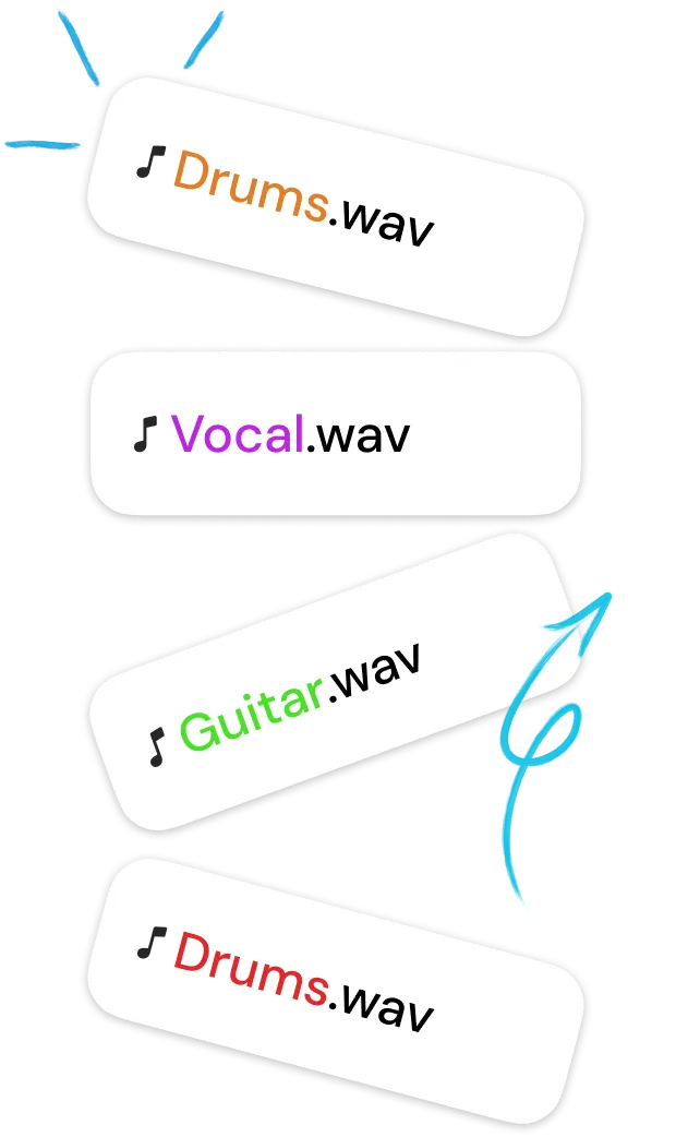Stems: Drums.wav, Vocal.wav, Guitar.wav, Drums.wav, color-coded by instrument