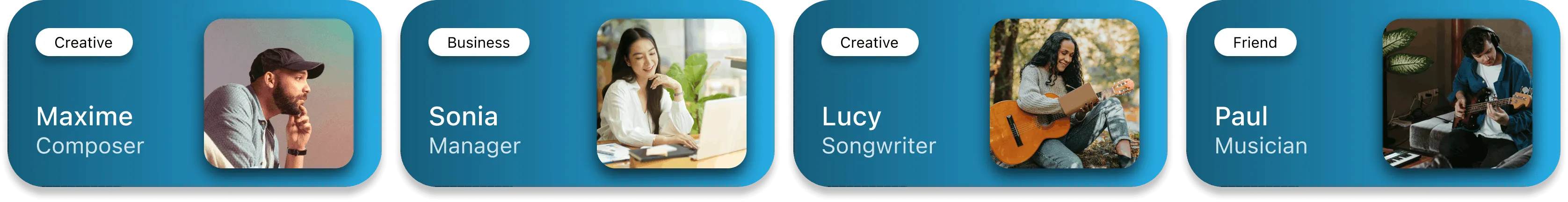 Four collaborator cards: Maxime composer, Sonia manager, Lucy songwriter, Paul musician