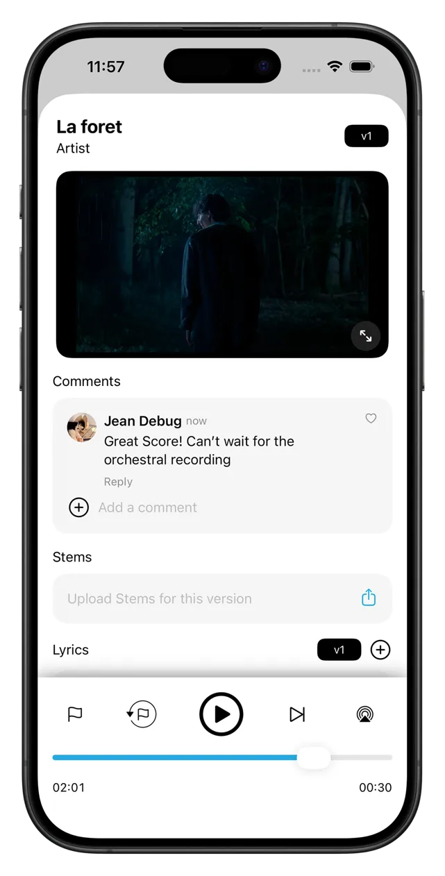 Video player with a scene at timecode 01:02:14, 1080p up to 60 minutes, shared via a password-protected link